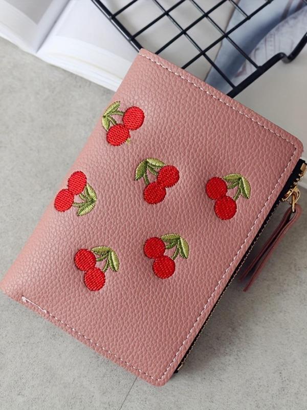 Cherry Pattern Embroidered Short Wallet, Fashionable Pu Leather Zipper Wallet for Women, Casual Trendy Versatile High-quality Wallet for Daily Use