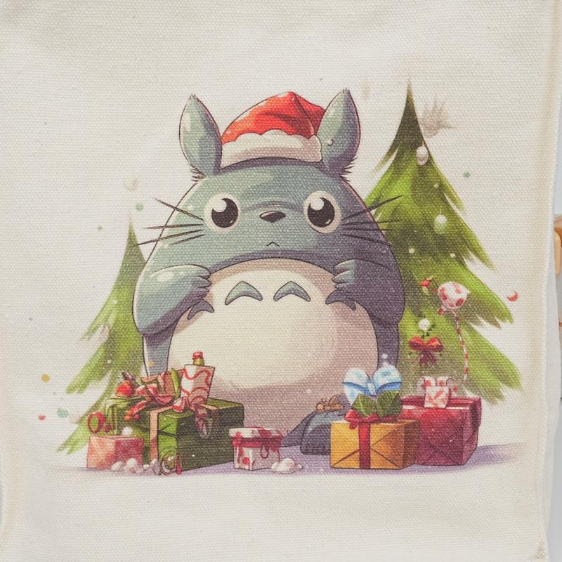 Totoro Christmas Lunch Bag, Handmade Canvas Drawstring Bag for Kids, Adults, Festive Gift