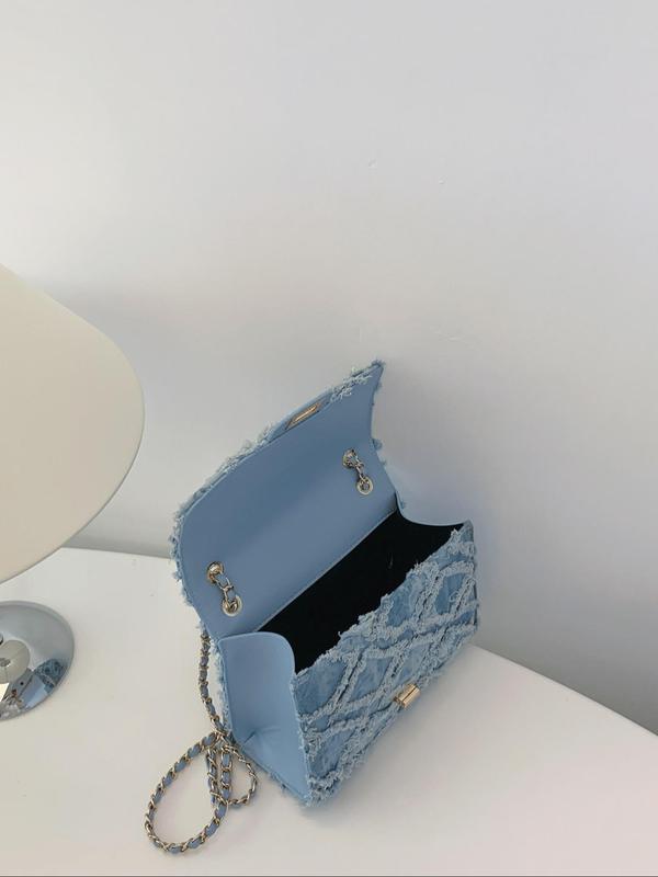 Women's Fashion Chain Strap Denim Rhombus Rough Edge Shoulder Bag, Casual Versatile Solid Color Underarm Bag, Trendy Daily Commuting Bag, Girl Fashionable Bag, Unique Bags,  Shoulder Purse