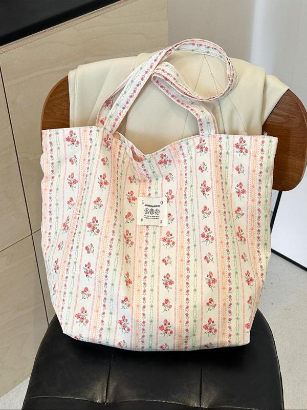 Women's Ditsy Floral Print Canvas Tote Bag, Large Capacity Shoulder Bag, Casual Trendy Versatile High-quality Daily Commuting Bag, Girl Fashionable Shopping Bag