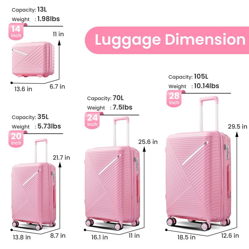 Luggage Sets 4 Piece(14 20 24 28), Expandable Lightweight Suitcase with 4 Double 360 Degrees Mute Spinner Wheels PP Materials Durable TSA Lock Travel Luggage