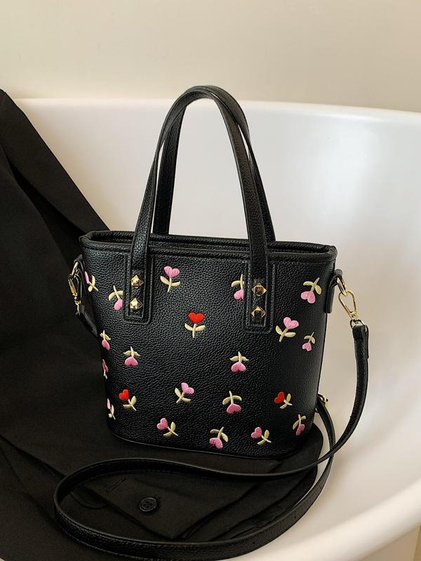 Women's Cute Embroidered Flower Pattern Handbag, Trendy Crossbody Bag, Small Tote Bags, Bags for Women, Fashionable Handbag for Daily Use for Women & Girls