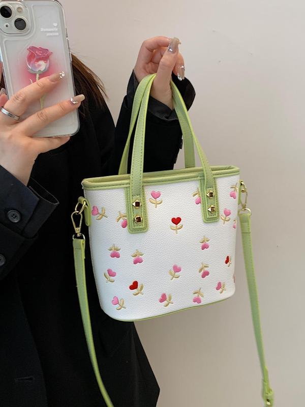 Women's Cute Embroidered Flower Pattern Handbag, Trendy Crossbody Bag, Small Tote Bags, Bags for Women, Fashionable Handbag for Daily Use for Women & Girls