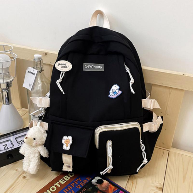 Kawaii Solid Canvas Backpack, Multi-Pocket with Bear Accessories Everything Bag