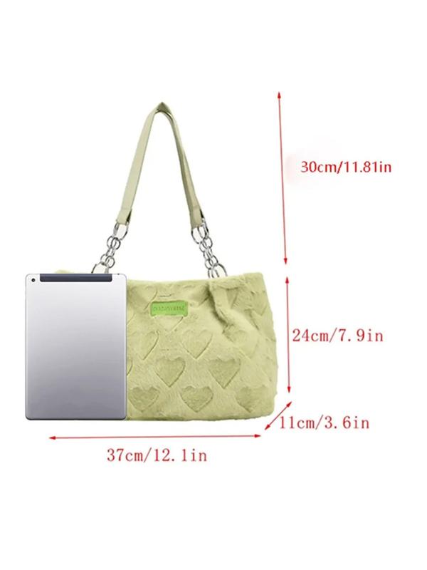 Women's Solid Color Plush Zipper Shoulder Bag, Fashionable Large Capacity Tote Bag for Work & School, Heart Decor School Bag for Daily Use 2024