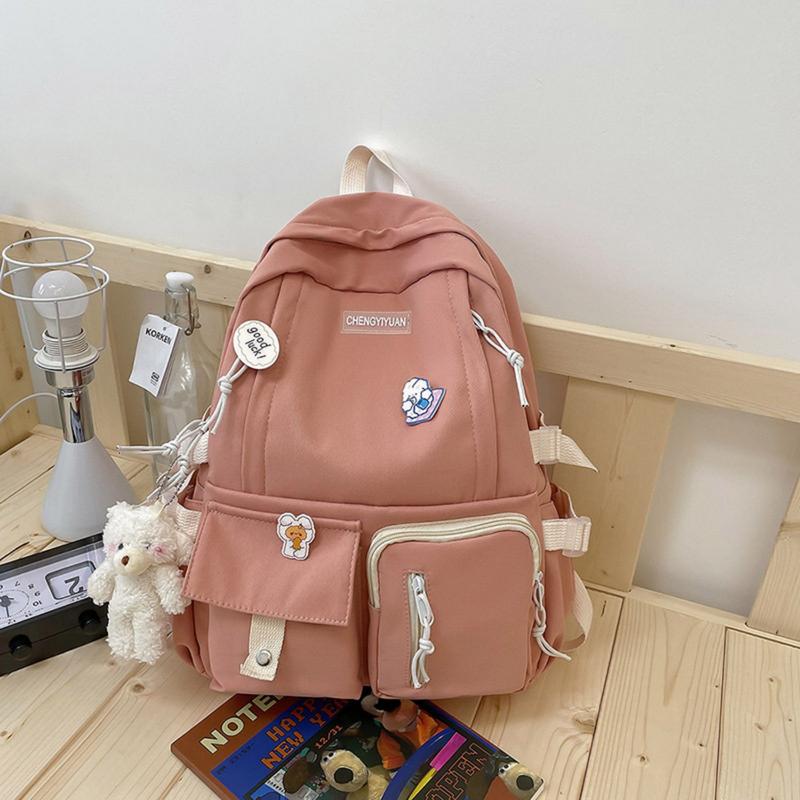 Kawaii Solid Canvas Backpack, Multi-Pocket with Bear Accessories Everything Bag