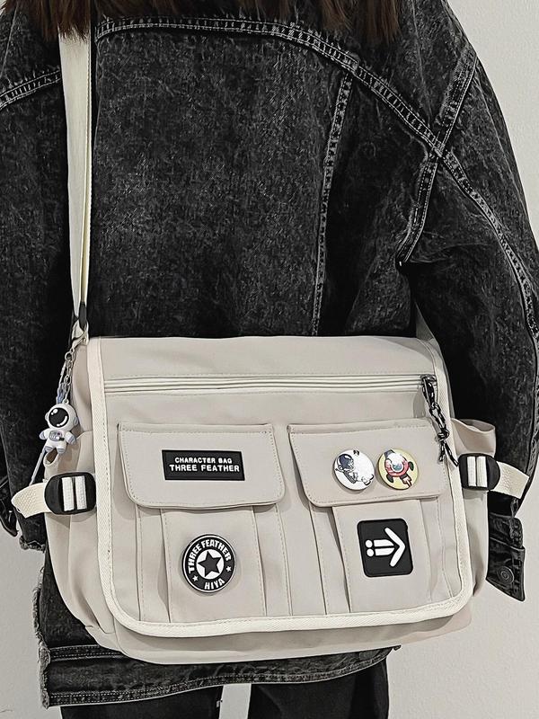 Men's Casual Plain Zipper Messenger Bag, Large Capacity Shoulder Bag with Badge Decoration, Casual Trendy Versatile High-quality Daily Commuting Bag