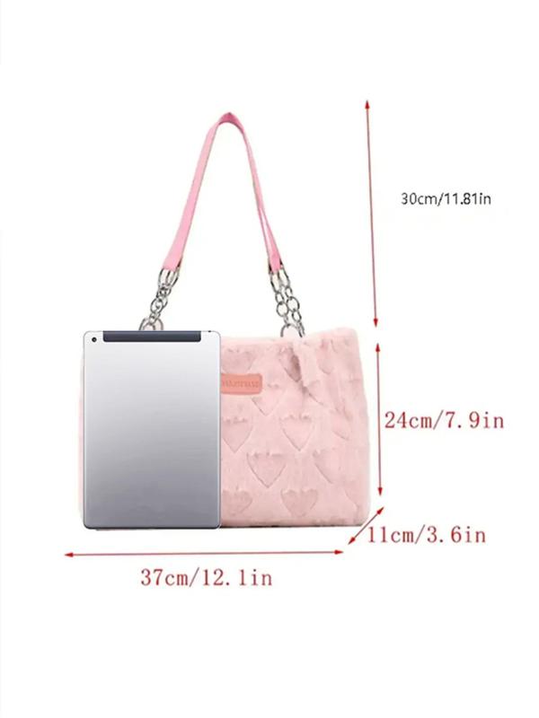 Women's Solid Color Plush Zipper Shoulder Bag, Fashionable Large Capacity Tote Bag for Work & School, Heart Decor School Bag for Daily Use 2024