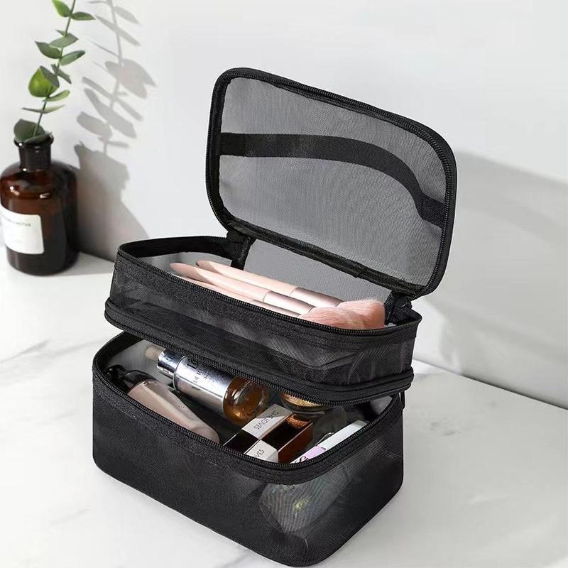 Travel Double-layer Cosmetic Storage Makeup Bag, Large Capacity Mesh Cosmetic Bag for Christmas Gift, Portable Travel Bag Makeup Bag Toiletry Bag, Zipper Makeup Organizer Pouch, Cute Makeup Vanity Accessories