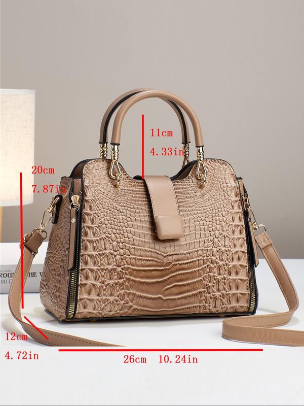 Women's 2024 Summer Fashionable Crocodile Embossed Lux Handbag, Casual Plain PU Leather Zipper Crossbody Bag, Work Bag, Everyday Bag for Work & Daily Use