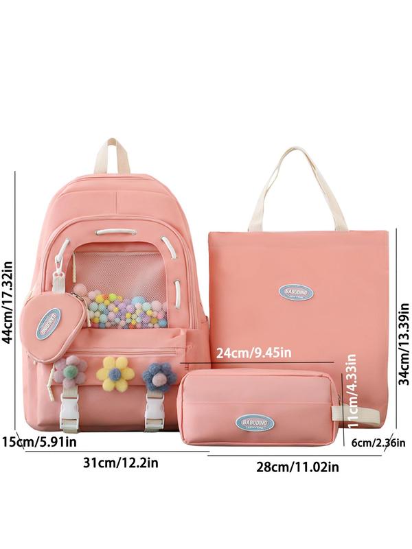 Women's Cute Flower Decor Backpack & Tote Bag & Pencil Case & Coin Purse, Large Capacity School Bag Set, Versatile Bag Set for Daily Use