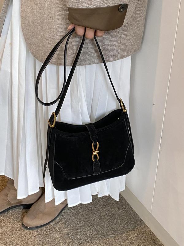 Women's Solid Color Suede Crossbody Bag, Fashionable Belted Design Shoulder Bag for Daily Used, Casual Trendy Versatile High-quality Daily Commuting Bag