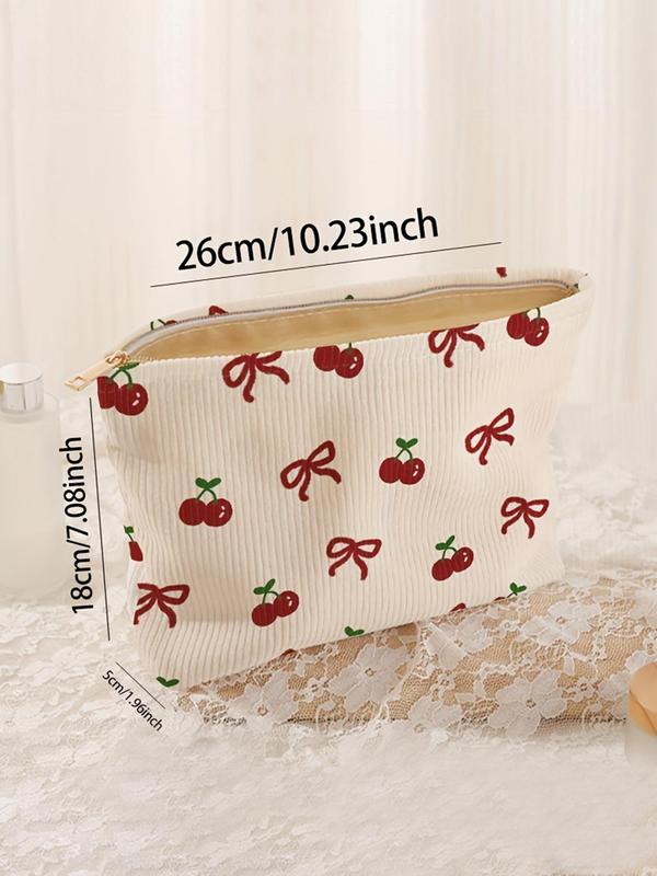 Cherry & Bow Pattern Makeup Bag, Lightweight Multi-functional Fashion Makeup Bag, Casual Travel Makeup Bag, Suitable for Leisure Travel and Various Occasions