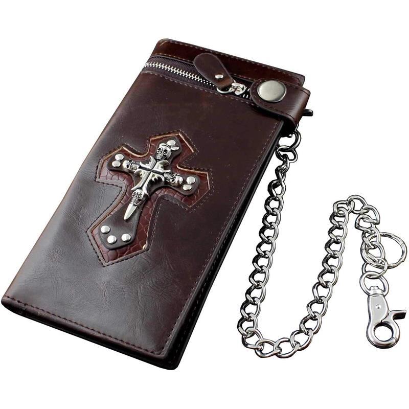 Mens Boys Cross Zipper Checkboot Long Leather Biker Wallet With Chain