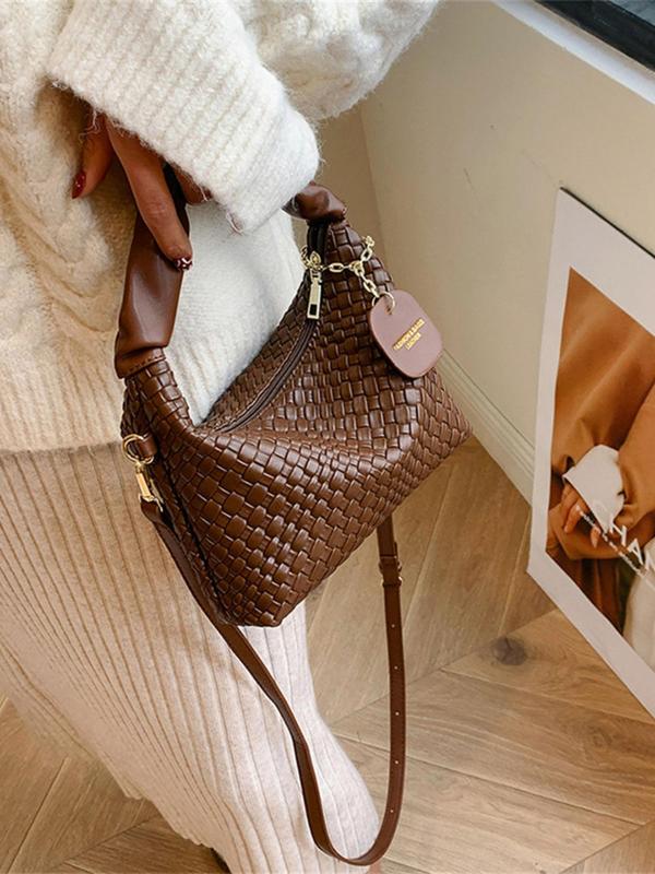 Women's Fashionable Solid Color Woven Pattern Handbag, Casual Versatile Crossbody Bag for Daily Used, Trendy High-quality Daily Commuting Bag, Girl Fashionable Shopping Bag