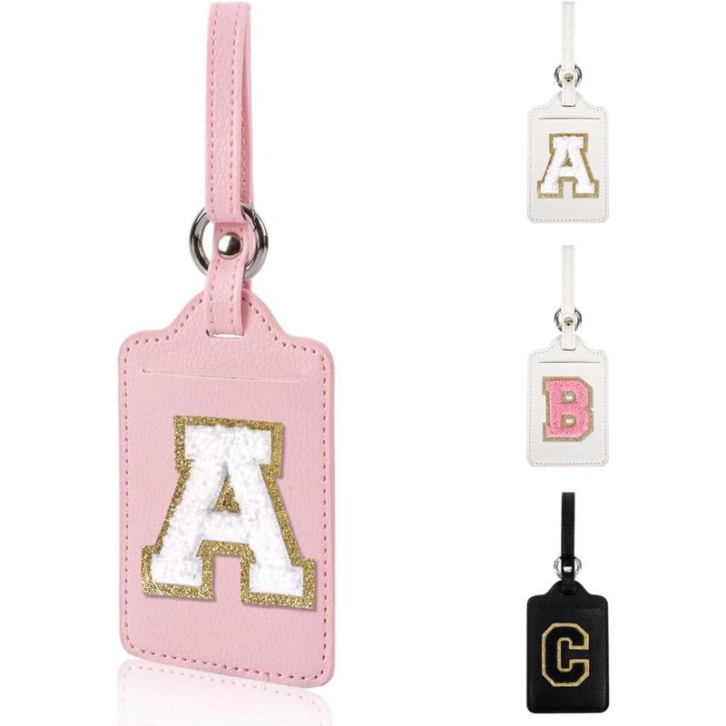 Personalized Initial Luggage Tags for Suitcases, Leather Letter Cute Luggage Tags with Privacy Name Card, Embroidered Travel Bag Backpack Tags Gifts for Women Girls Teens(Pink-A)