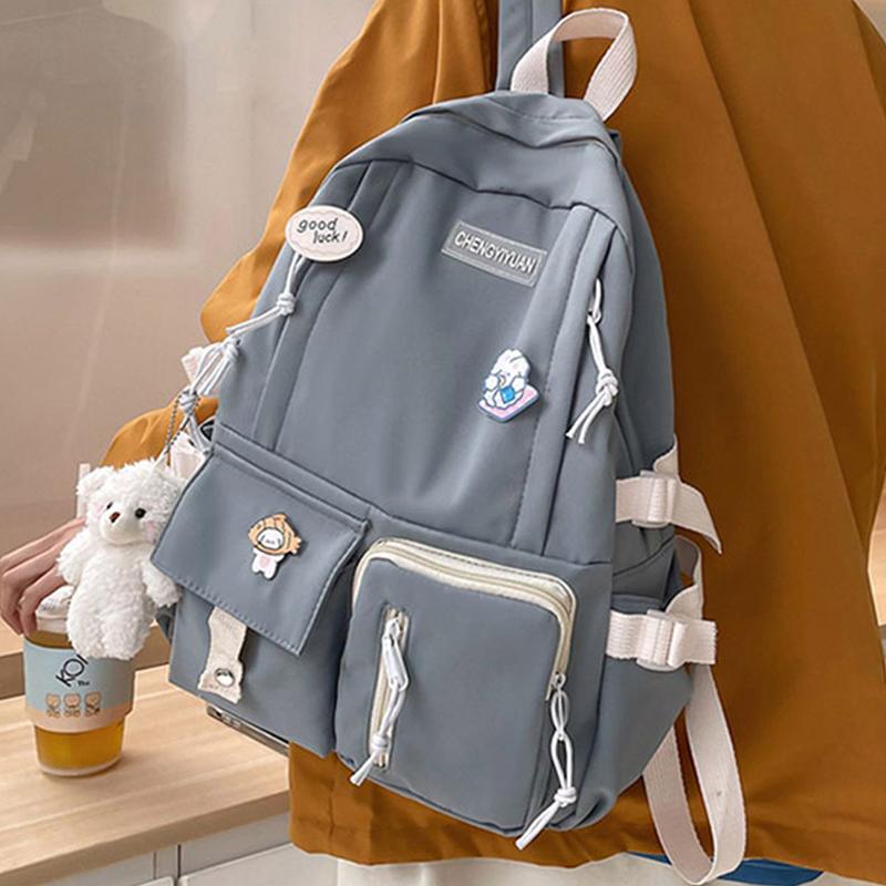 Kawaii Solid Canvas Backpack, Multi-Pocket with Bear Accessories Everything Bag