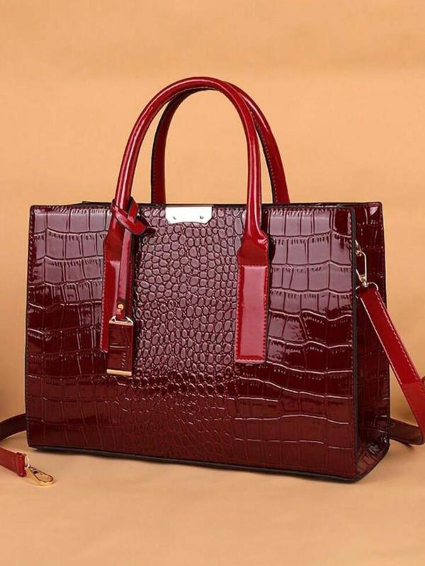 Women's Business Style Solid Color Crocodile Textured Handbag, Fashionable Large Capacity Tote Bag for Work & Daily Used, Casual Trendy Versatile High-quality Daily Commuting Bag