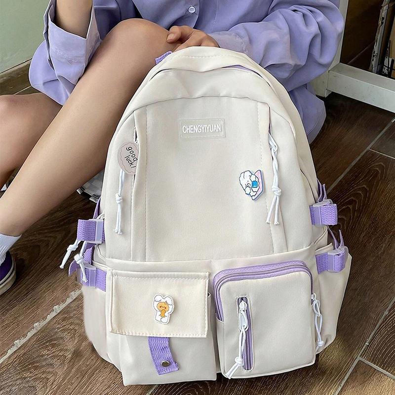 Kawaii Solid Canvas Backpack, Multi-Pocket with Bear Accessories Everything Bag