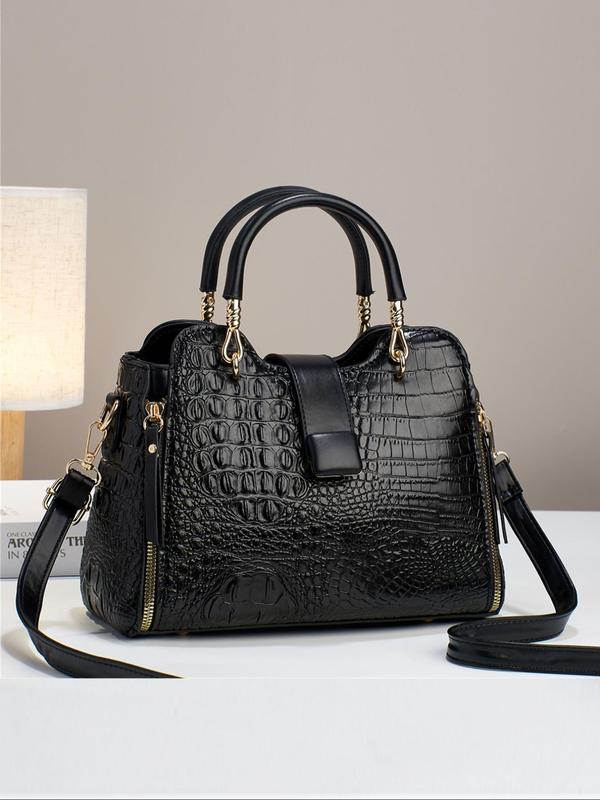 Women's 2024 Summer Fashionable Crocodile Embossed Lux Handbag, Casual Plain PU Leather Zipper Crossbody Bag, Work Bag, Everyday Bag for Work & Daily Use