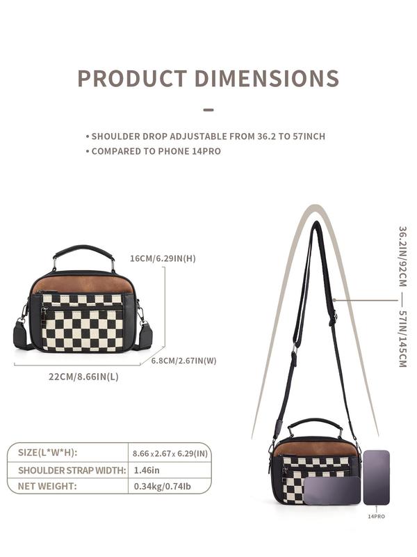 Checkerboard Pattern Colorblock Crossbody Bag, Fashion Pu Leather Waterproof Zipper Shoulder Bag for Women, Designer Crossbody Bags for Women, Casual Trendy Versatile High-quality Daily Commuting Bag