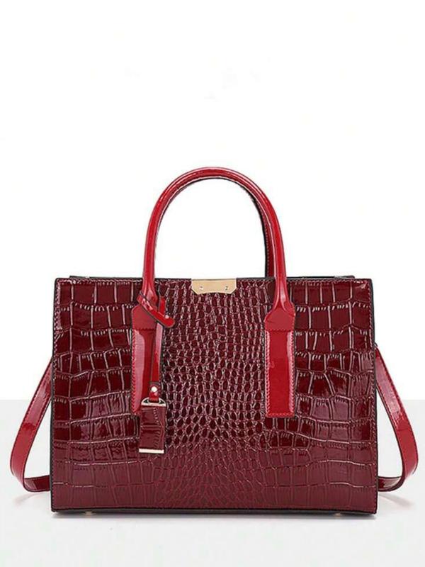 Women's Business Style Solid Color Crocodile Textured Handbag, Fashionable Large Capacity Tote Bag for Work & Daily Used, Casual Trendy Versatile High-quality Daily Commuting Bag