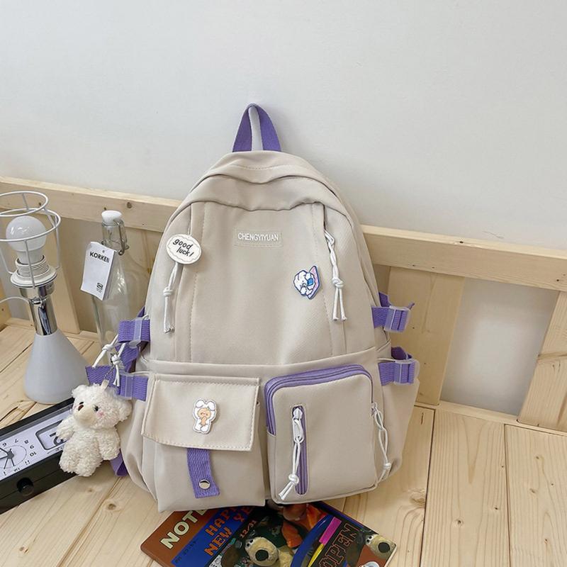 Kawaii Solid Canvas Backpack, Multi-Pocket with Bear Accessories Everything Bag