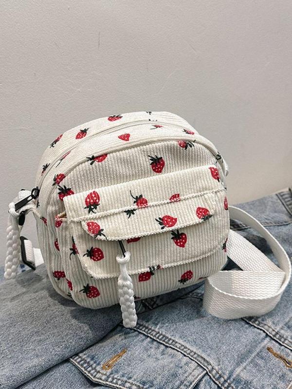 Women's Strawberry Pattern Corduroy Crossbody Bag, Girls Birthday Gift, Designer Shoulder Bag for Daily Used, Casual Trendy Commuting Bag Back To School