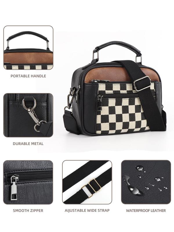 Checkerboard Pattern Colorblock Crossbody Bag, Fashion Pu Leather Waterproof Zipper Shoulder Bag for Women, Designer Crossbody Bags for Women, Casual Trendy Versatile High-quality Daily Commuting Bag