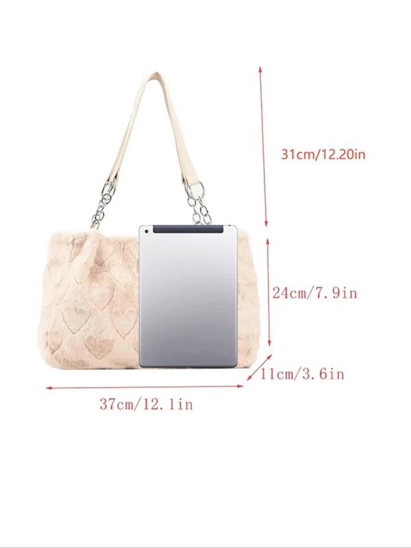 Women's Solid Color Plush Zipper Shoulder Bag, Fashionable Large Capacity Tote Bag for Work & School, Heart Decor School Bag for Daily Use 2024