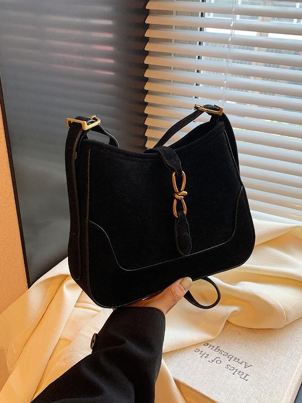 Women's Solid Color Suede Crossbody Bag, Fashionable Belted Design Shoulder Bag for Daily Used, Casual Trendy Versatile High-quality Daily Commuting Bag