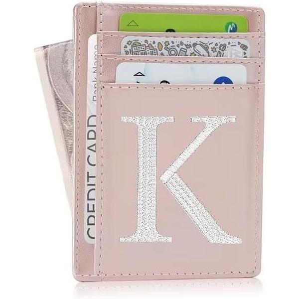 RFID Credit Card Holder, Initial Slim RFID Blocking Card Holder Minimalist Leather Front Pocket Wallet, Personalized Gifts for Women, Pink K