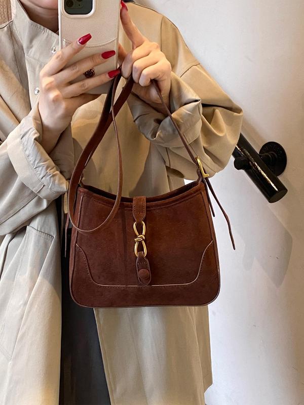 Women's Solid Color Suede Crossbody Bag, Fashionable Belted Design Shoulder Bag for Daily Used, Casual Trendy Versatile High-quality Daily Commuting Bag