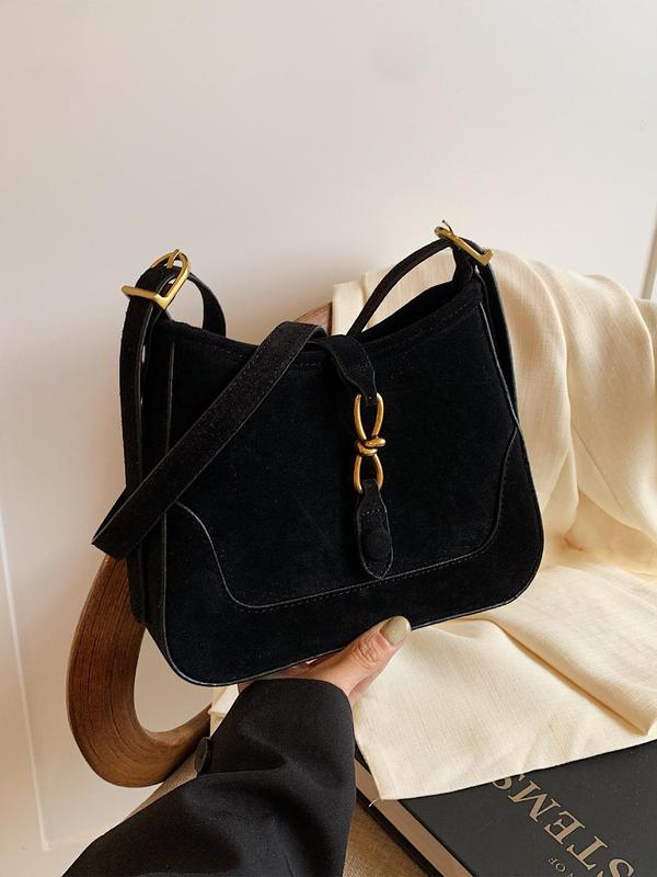 Women's Solid Color Suede Crossbody Bag, Fashionable Belted Design Shoulder Bag for Daily Used, Casual Trendy Versatile High-quality Daily Commuting Bag