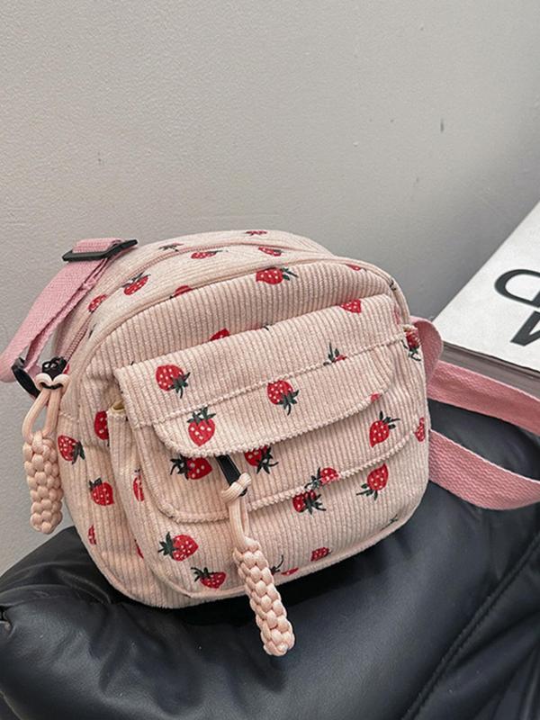 Women's Strawberry Pattern Corduroy Crossbody Bag, Girls Birthday Gift, Designer Shoulder Bag for Daily Used, Casual Trendy Commuting Bag Back To School