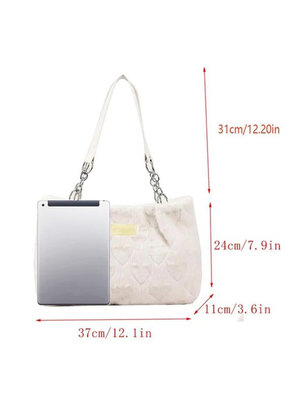 Women's Solid Color Plush Zipper Shoulder Bag, Fashionable Large Capacity Tote Bag for Work & School, Heart Decor School Bag for Daily Use 2024