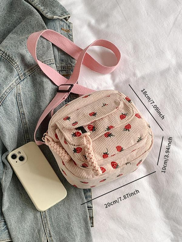 Women's Strawberry Pattern Corduroy Crossbody Bag, Girls Birthday Gift, Designer Shoulder Bag for Daily Used, Casual Trendy Commuting Bag Back To School