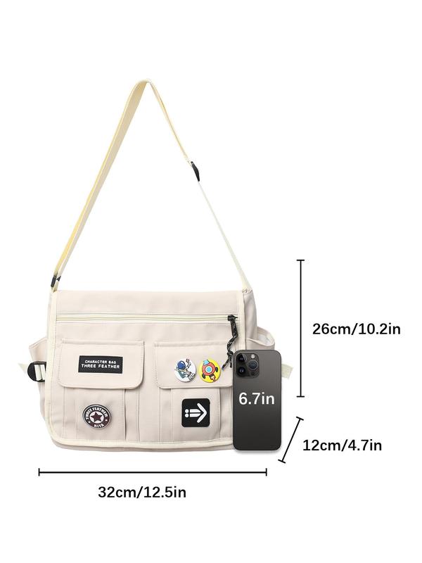 Men's Casual Plain Zipper Messenger Bag, Large Capacity Shoulder Bag with Badge Decoration, Casual Trendy Versatile High-quality Daily Commuting Bag