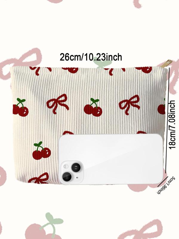 Cherry & Bow Pattern Makeup Bag, Lightweight Multi-functional Fashion Makeup Bag, Casual Travel Makeup Bag, Suitable for Leisure Travel and Various Occasions