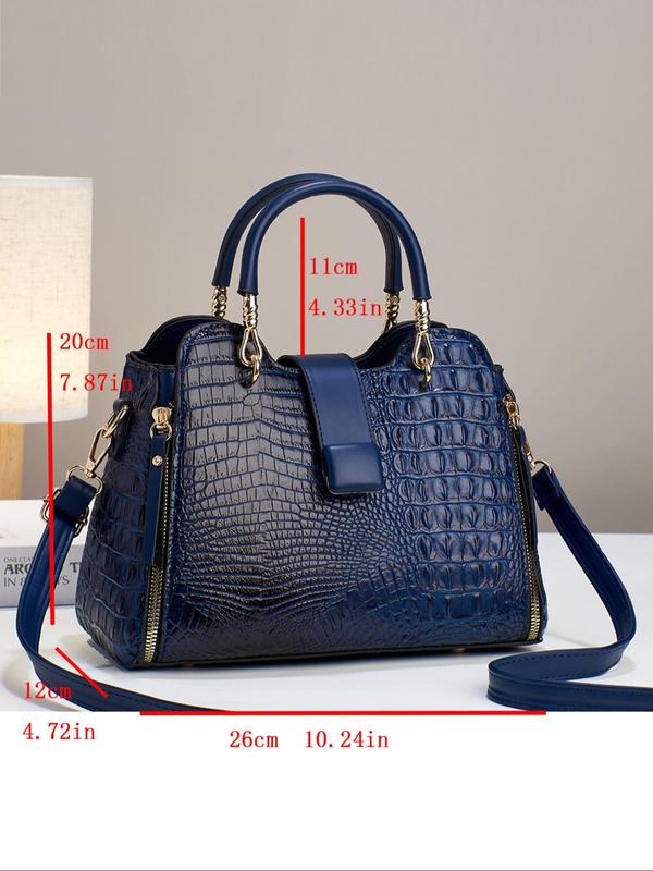 Women's 2024 Summer Fashionable Crocodile Embossed Lux Handbag, Casual Plain PU Leather Zipper Crossbody Bag, Work Bag, Everyday Bag for Work & Daily Use