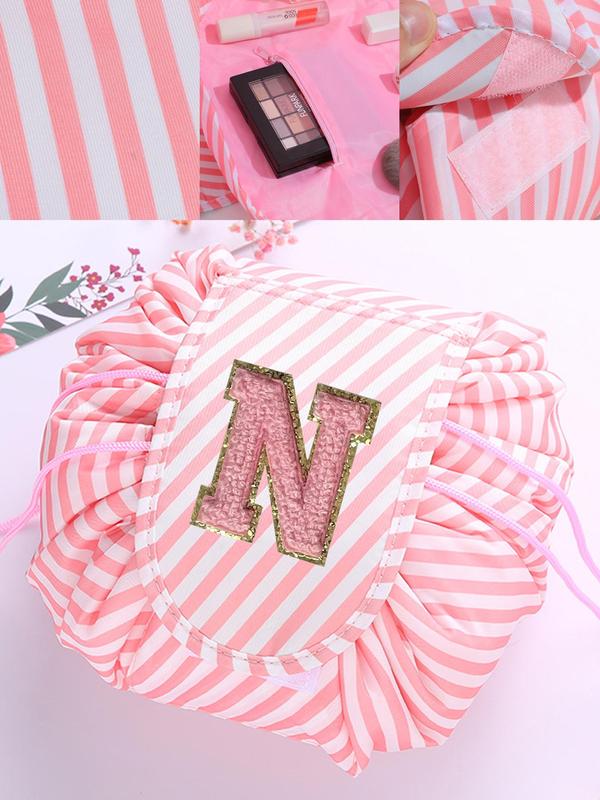 Striped Pattern Drawstring Makeup Bag, Portable Travel Storage Cosmetic Bag, Letter Women Toiletry Organizer for Travel Toiletries Accessories