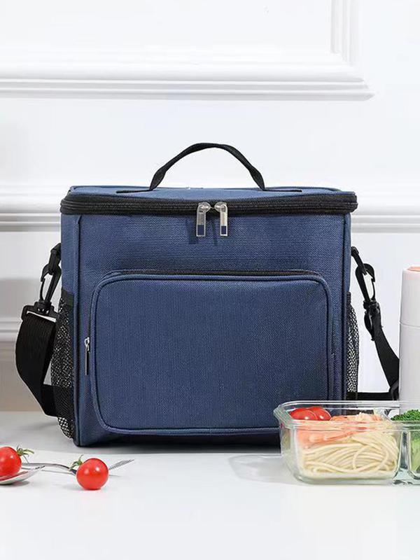 Solid Color Durable Lunch Bag with Side Net Pockets, Reusable Waterproof Lunch Bag, Leakproof Insulated Cooler Handbag for Work, School, Travel, Picnic, Camping