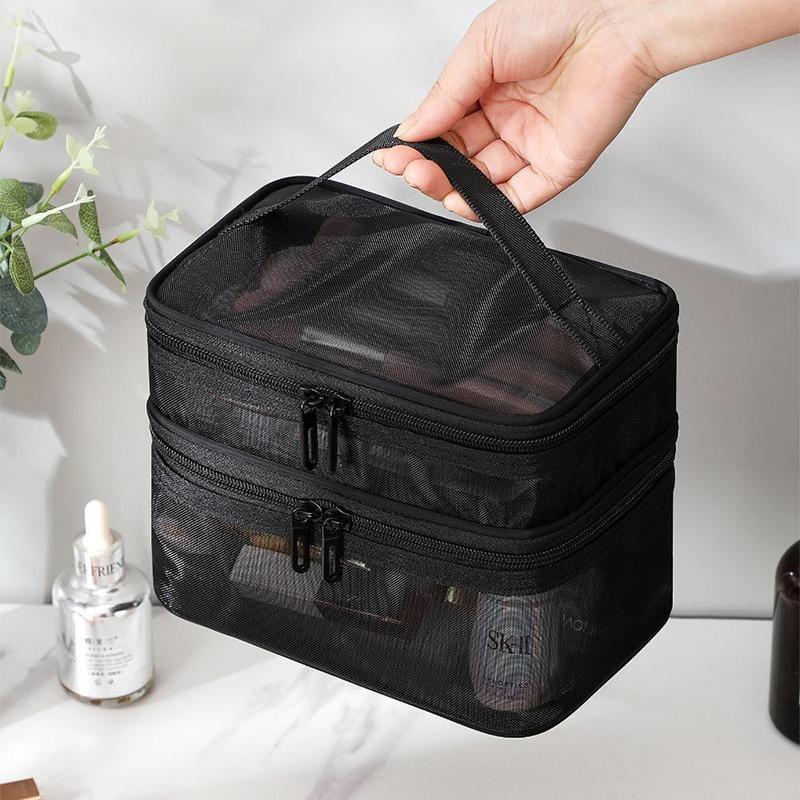 Travel Double-layer Cosmetic Storage Makeup Bag, Large Capacity Mesh Cosmetic Bag for Christmas Gift, Portable Travel Bag Makeup Bag Toiletry Bag, Zipper Makeup Organizer Pouch, Cute Makeup Vanity Accessories