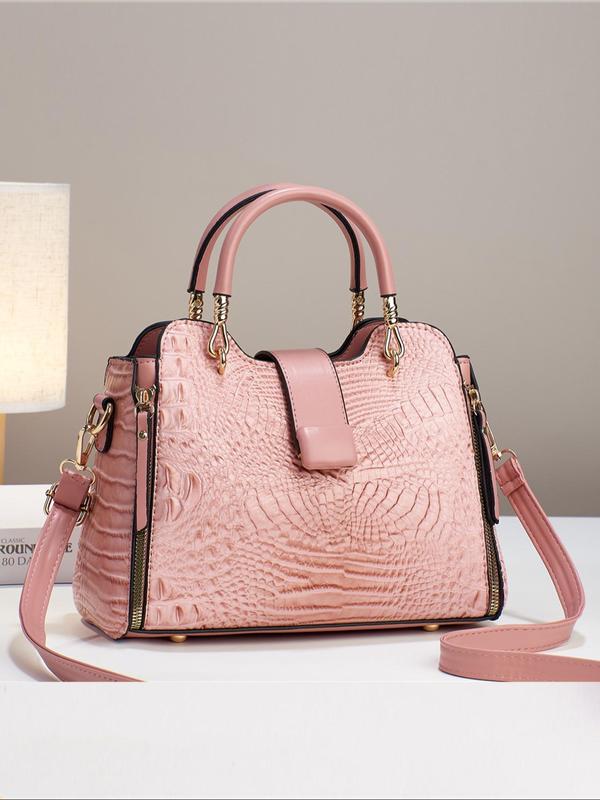 Women's 2024 Summer Fashionable Crocodile Embossed Lux Handbag, Casual Plain PU Leather Zipper Crossbody Bag, Work Bag, Everyday Bag for Work & Daily Use