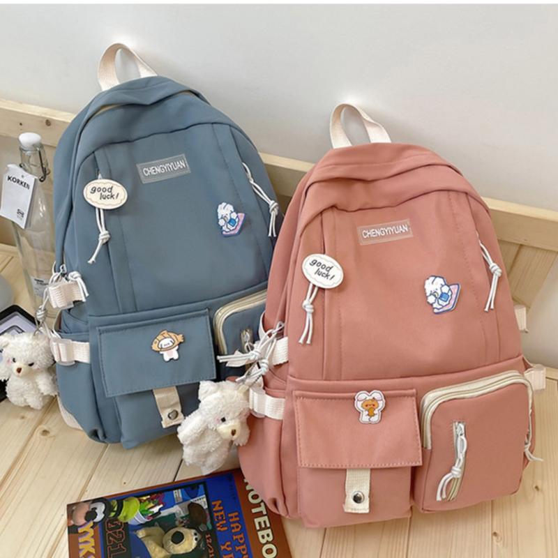 Kawaii Solid Canvas Backpack, Multi-Pocket with Bear Accessories Everything Bag