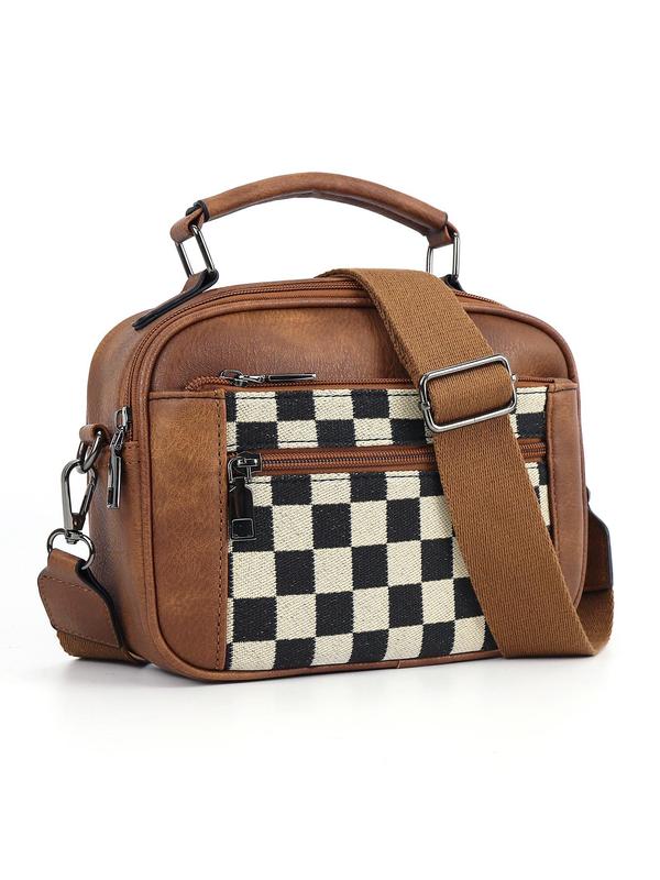 Checkerboard Pattern Colorblock Crossbody Bag, Fashion Pu Leather Waterproof Zipper Shoulder Bag for Women, Designer Crossbody Bags for Women, Casual Trendy Versatile High-quality Daily Commuting Bag