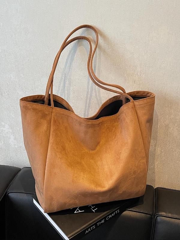 Women's Solid Color Suede Tote Bag, Fashionable Large Capacity Shoulder Bag for Daily Shopping, Commuting, Traveling, Casual Trendy Versatile High-quality Daily Commuting Bag