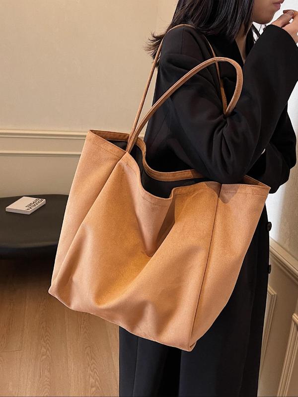 Women's Solid Color Suede Tote Bag, Fashionable Large Capacity Shoulder Bag for Daily Shopping, Commuting, Traveling, Casual Trendy Versatile High-quality Daily Commuting Bag