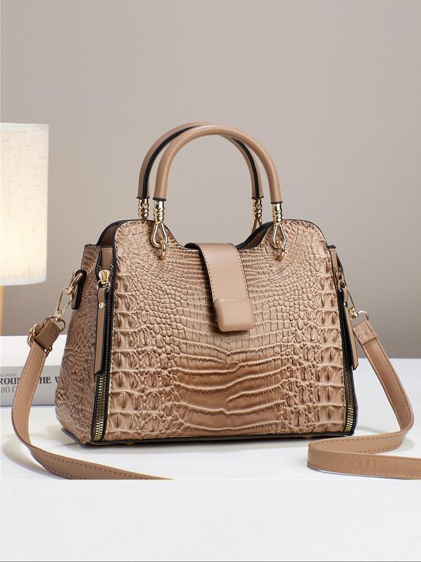 Women's 2024 Summer Fashionable Crocodile Embossed Lux Handbag, Casual Plain PU Leather Zipper Crossbody Bag, Work Bag, Everyday Bag for Work & Daily Use