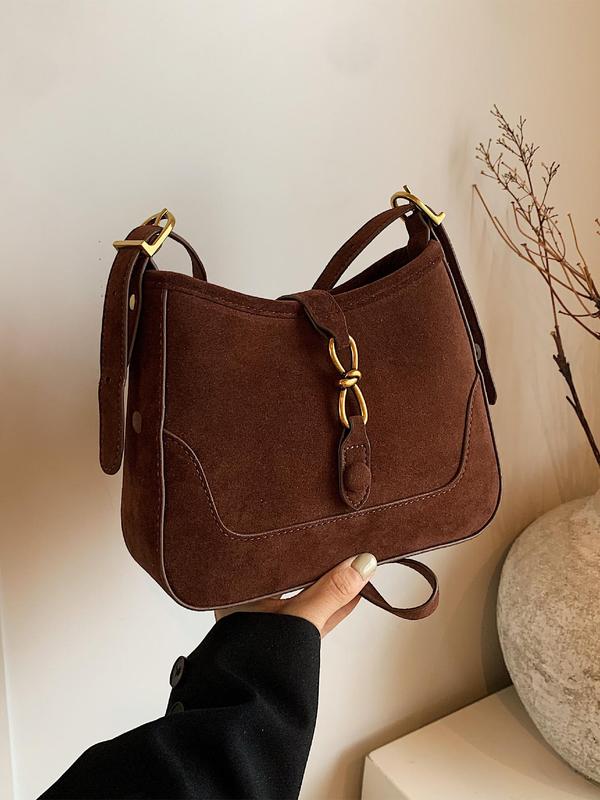 Women's Solid Color Suede Crossbody Bag, Fashionable Belted Design Shoulder Bag for Daily Used, Casual Trendy Versatile High-quality Daily Commuting Bag